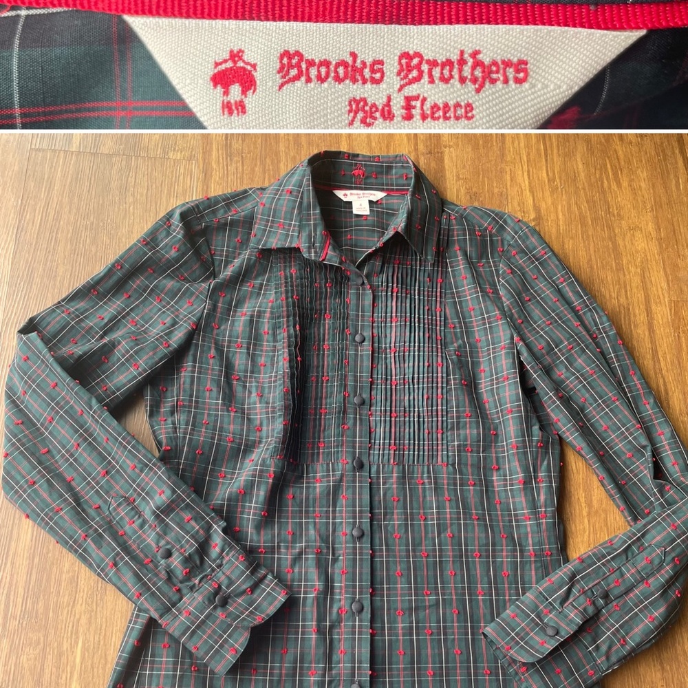Brooks Brothers Red Fleece Shirt Womens 4 Textured Green Plaid Button Down Up